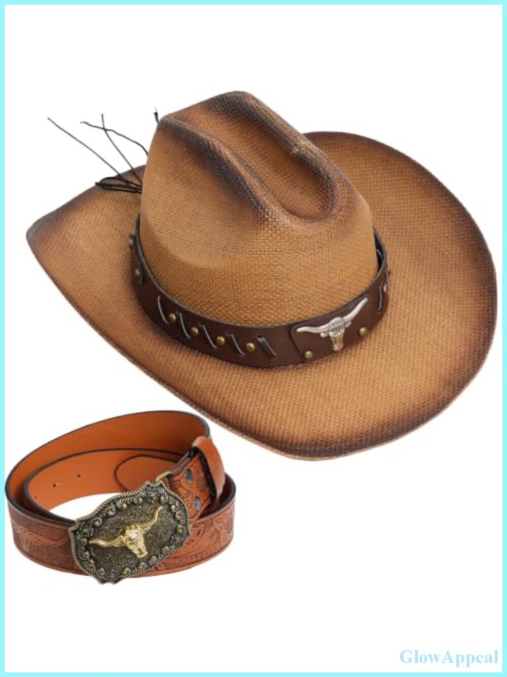 Western Cowboy Hat & Belt Set Straw Faux Leather Unisex Adult Costume